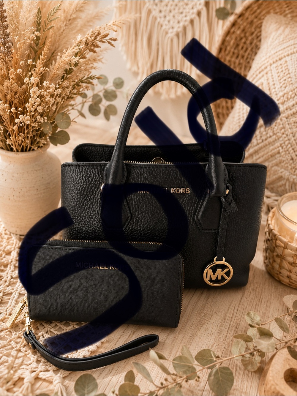 Michael Kors Black Pebbled Leather Satchel with Wallet